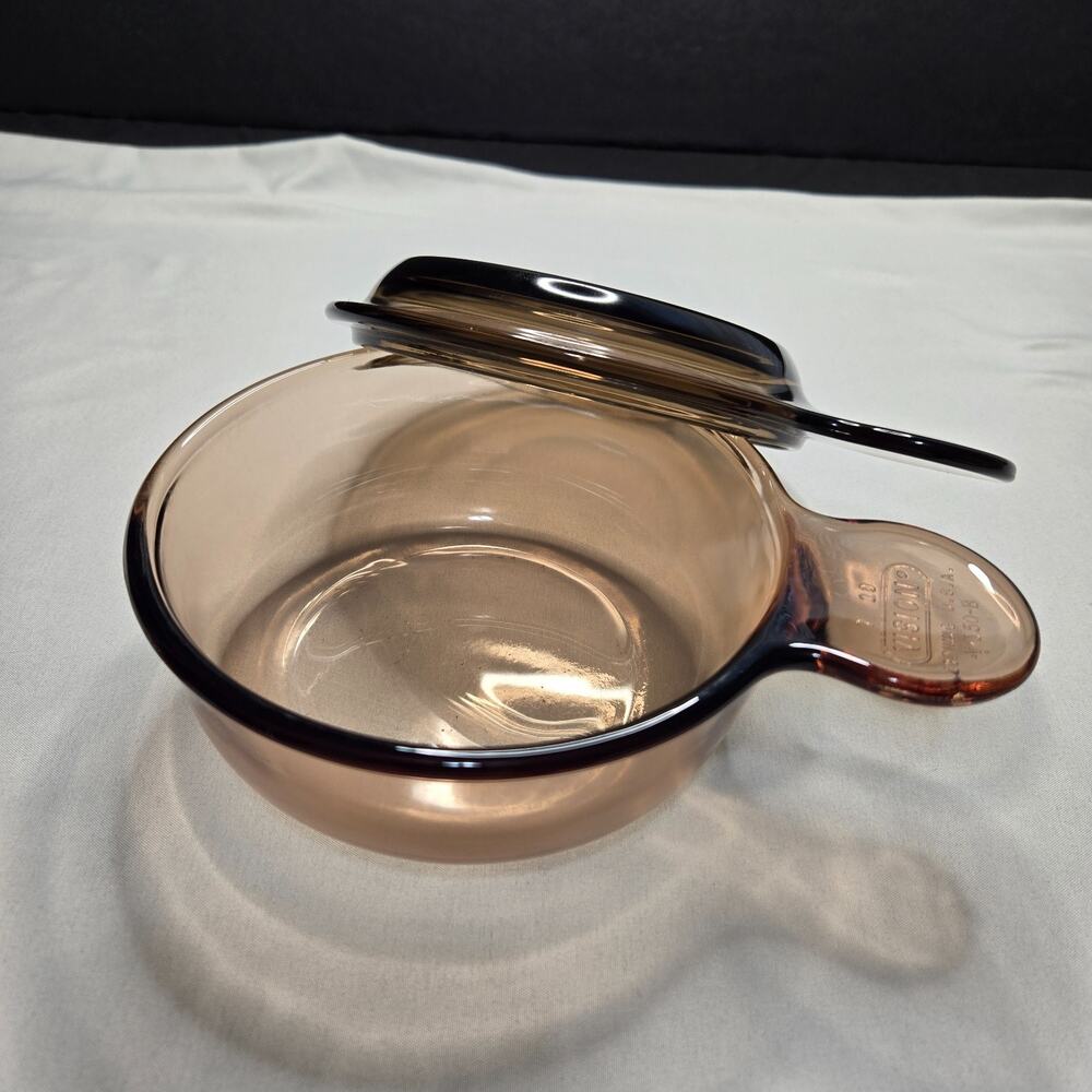 Vintage Corning Ware Vision Amber Covered Grab It Bowl V-240-B & P-240-Ctags